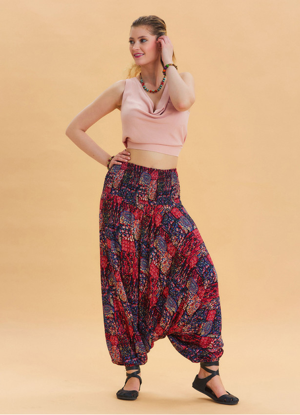 Red Bohemian Shalwar with Elastic Waist and Gipe Detail 4536